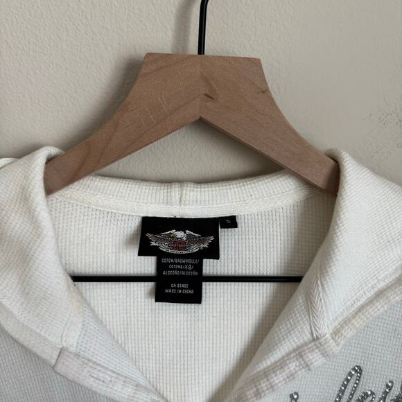 Vintage Y2K Harley Davidson Womens White Longsleeve Hoodie Rhinestone Size Small - Picture 2 of 12